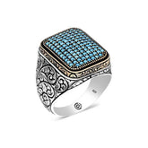 Silver Turquoise Zircon Stone Square Men's Ring